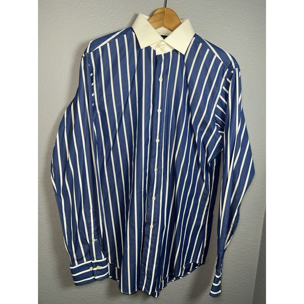 Polo Ralph Lauren Button Up Shirt Mens 15.5 Indigo Stripe White Collar 30s Style - Picture 2 of 11